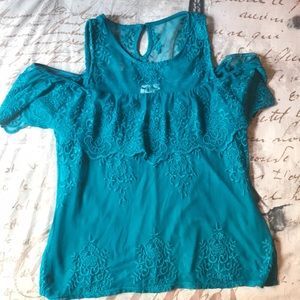 Blue dressy shirt , off the shoulder